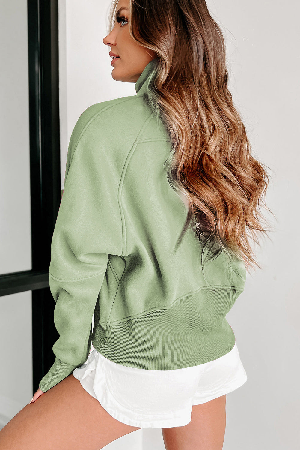 Zip Up Pop Collar Ribbed Sweatshirt