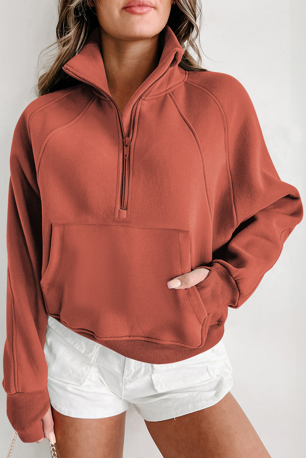 Zip Up Pop Collar Ribbed Sweatshirt