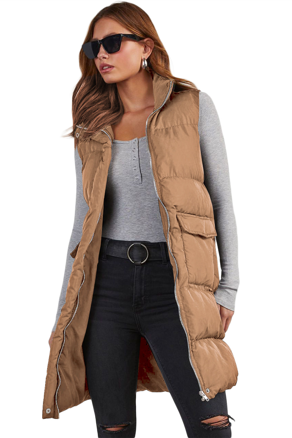 Pocketed Long Puffer Vest