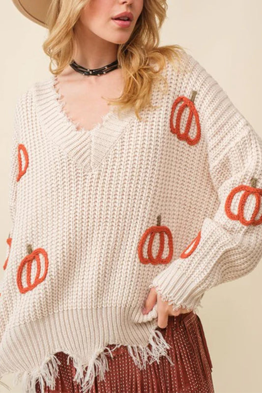 Pumpkin V-Neck Distressed Sweater