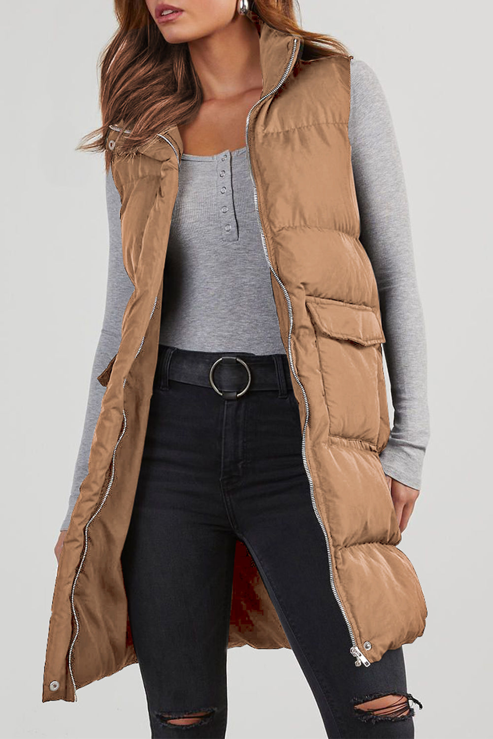 Pocketed Long Puffer Vest