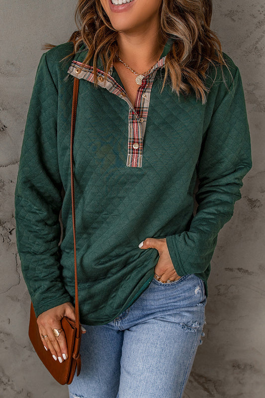 Plaid Trim Quilted Button Neck Sweatshirt