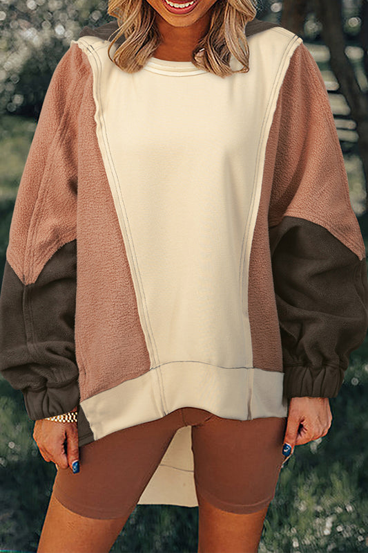 Beige Oversized Patchwork High Low Hoodie