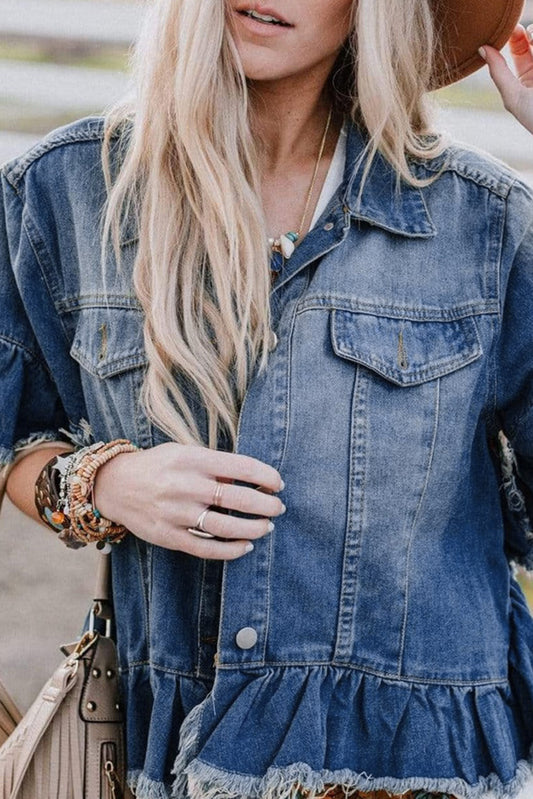 Peacock Ruffled Short Sleeve Denim Jacket